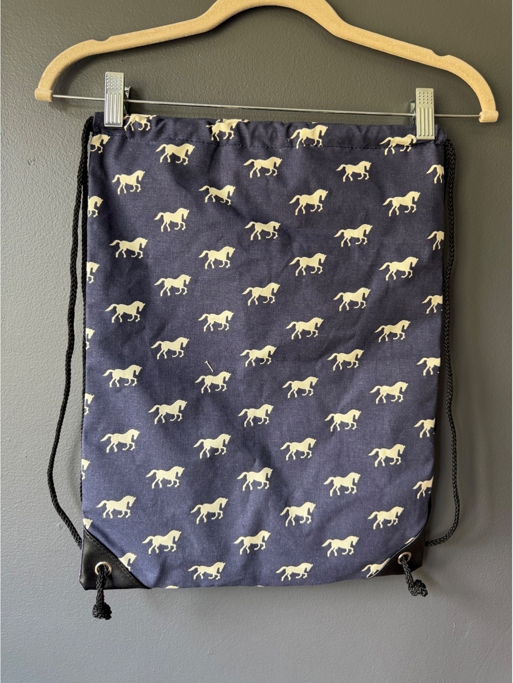 Navy Blue Drawstring Backpack with White Horse Print
